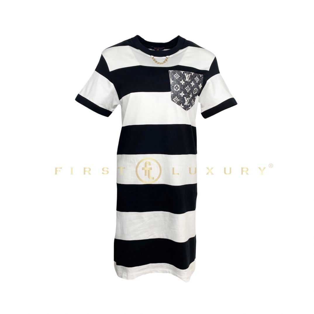 Striped Monogram Pocket T-Shirt Dress - White/Black (S)