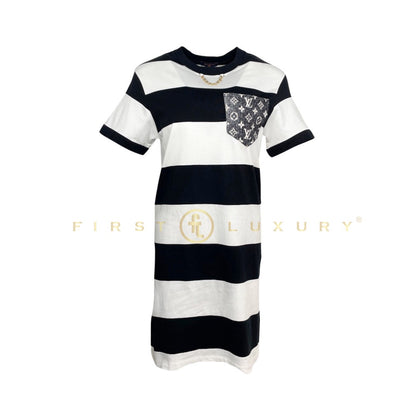 Striped Monogram Pocket T-Shirt Dress - White/Black (S)