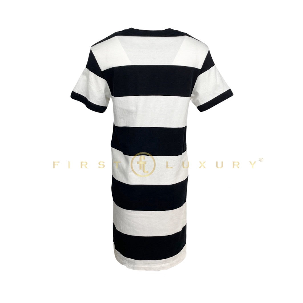 Striped Monogram Pocket T-Shirt Dress - White/Black (S)