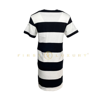 Striped Monogram Pocket T-Shirt Dress - White/Black (S)